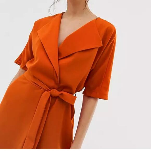 ASOS Orange Wrap Front Wide Leg Jumpsuit Womens 4 No Belt Fall Casual Collar - Picture 2 of 12
